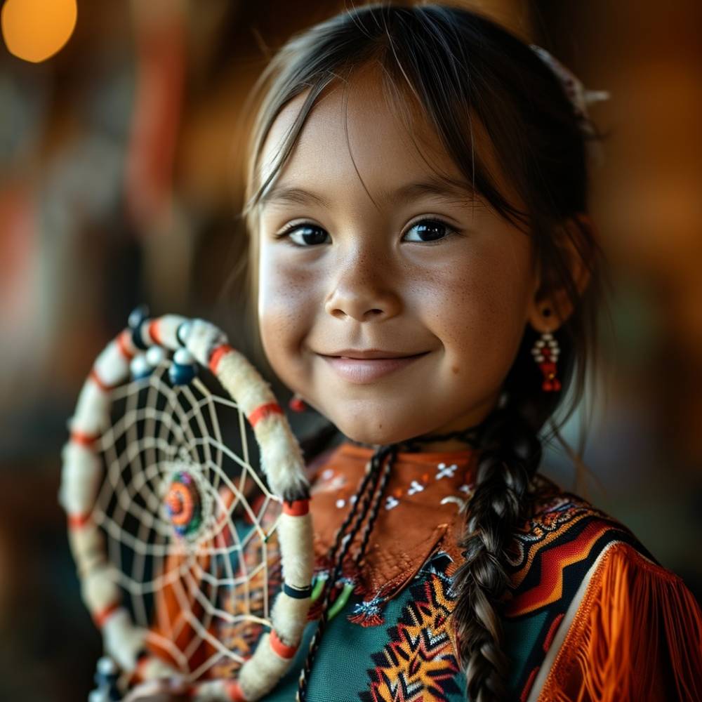 Smiling young girl in traditional clothing holding a dreamcatcher