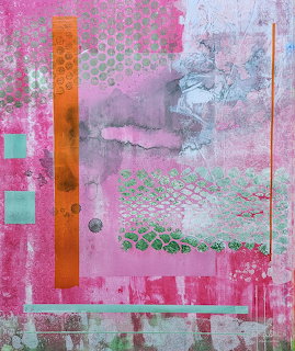 Abstract mixed media painting with pink, orange, and teal layers, dot patterns, and geometric elements