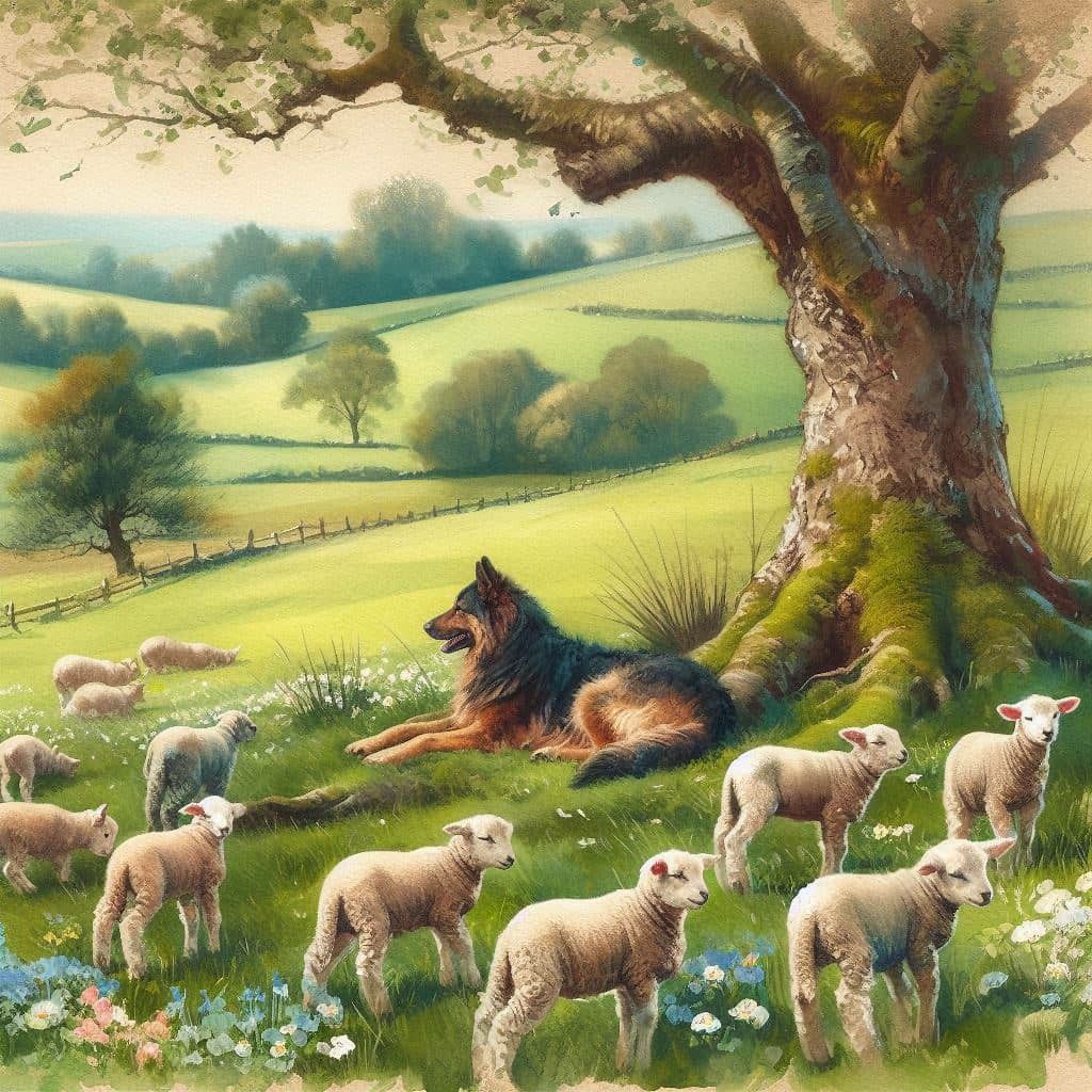 German Shepherd dog lying in grass under tree with white lambs grazing in sunny countryside