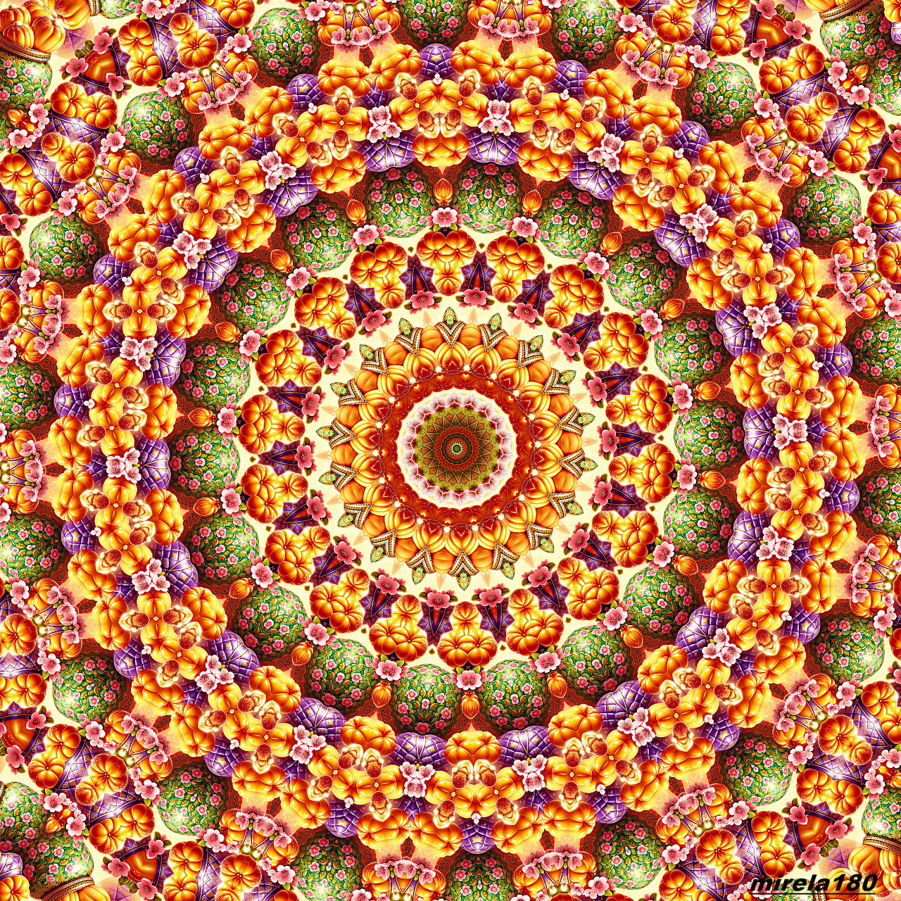 Symmetrical floral mandala with orange, yellow, pink and purple flowers arranged in concentric circles