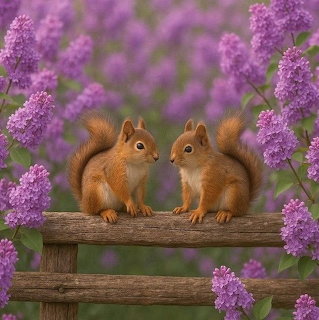 Two red squirrels perched on a wooden fence among purple lilac blossoms