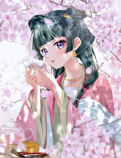 Anime girl in pink kimono with green hair buns holding tea cup beneath cherry blossoms