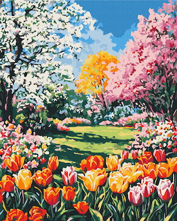 Painting of a spring garden with colorful tulips and bloming trees under blue sky