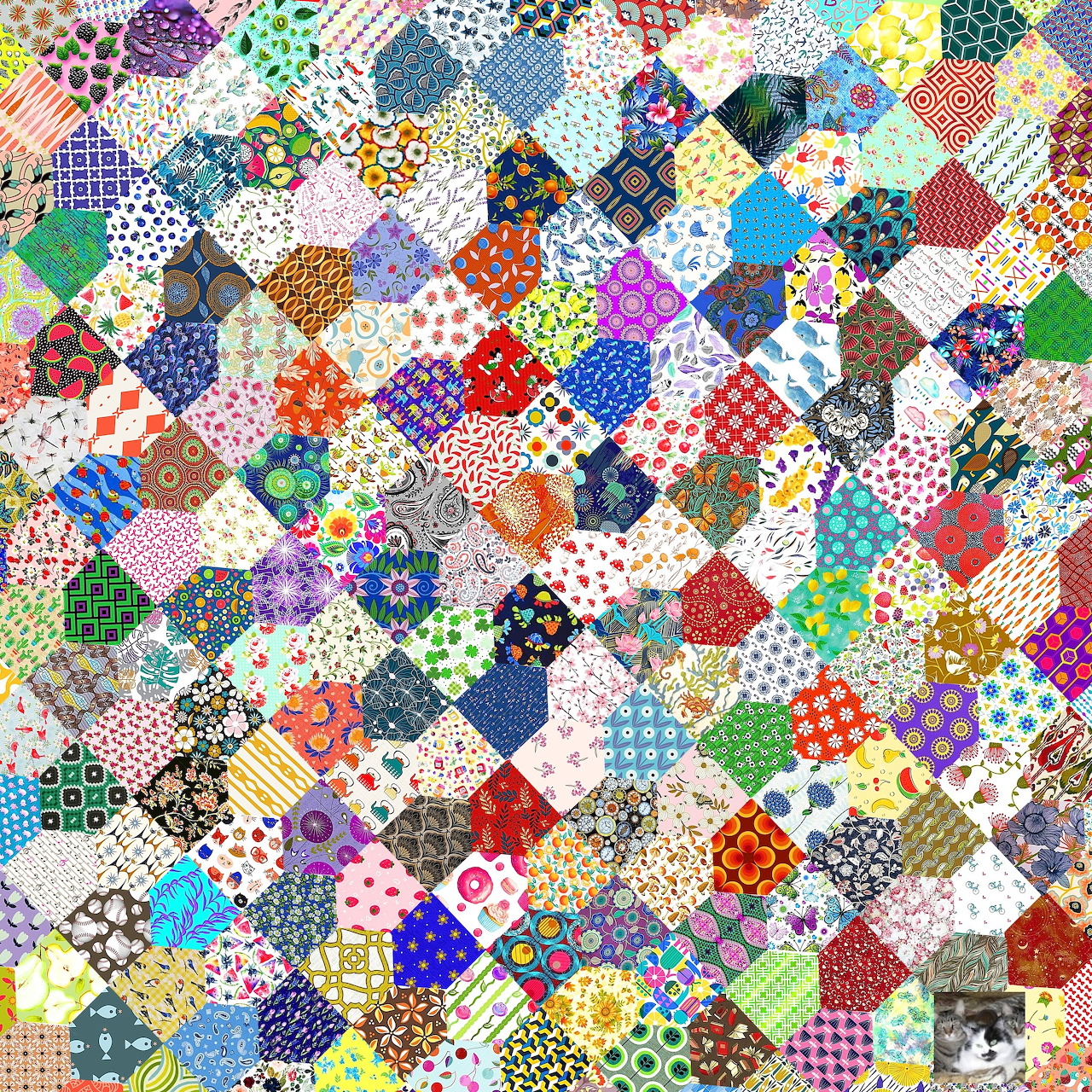 Dense arrangement of colorful hexagonal fabric patches forming a quilt pattern with varied designs and textures