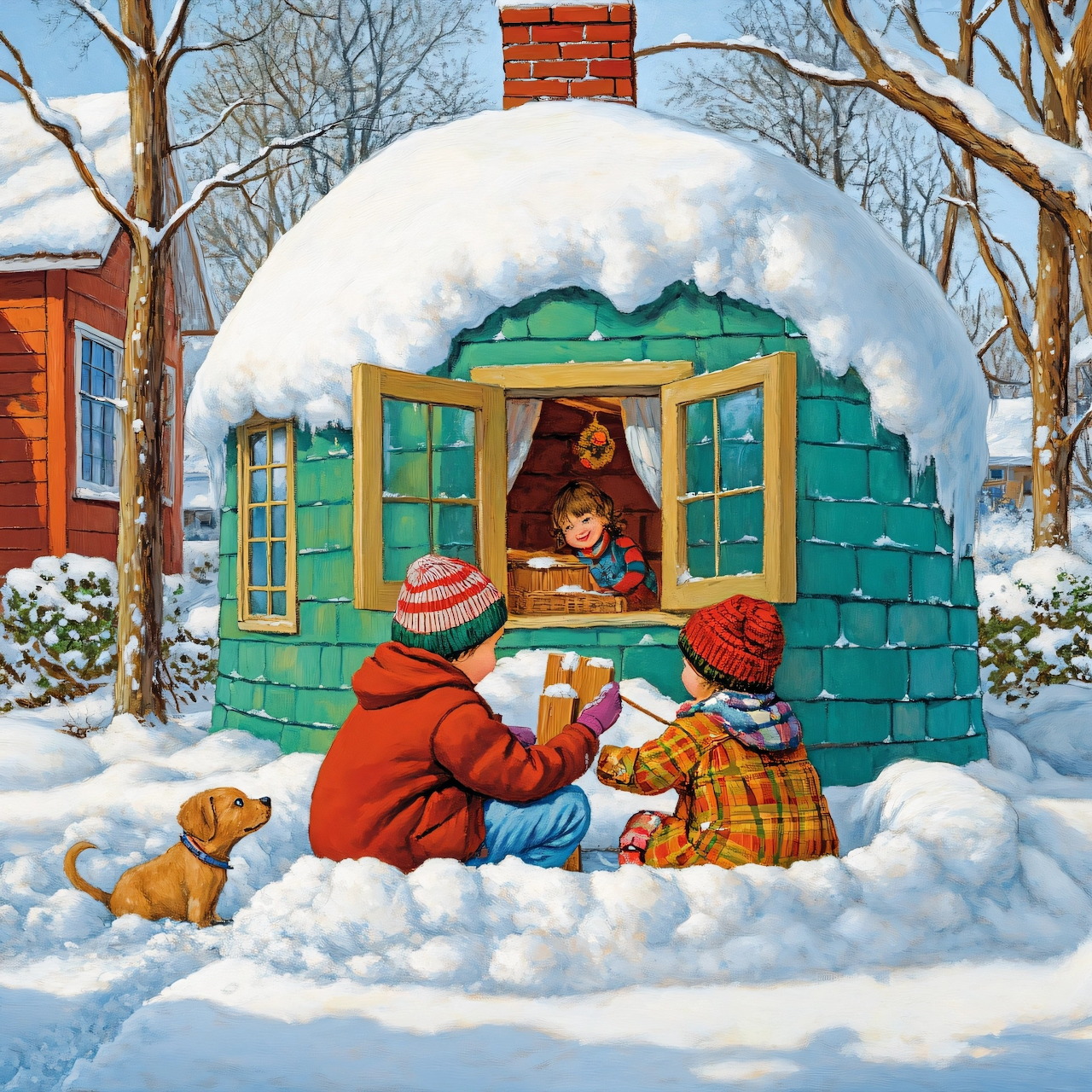 Children playing at turquoise snow fort in snowy backyard with dog and bare trees