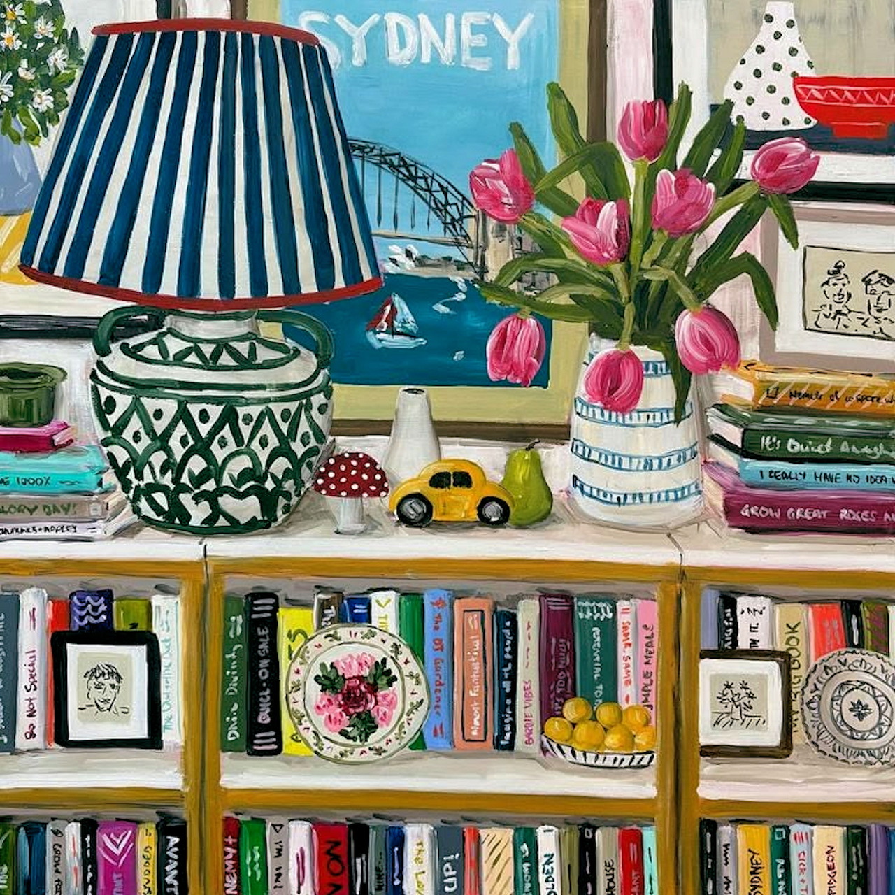 Painted bookshelf scene with striped lamp, pink tulips, books, and yellow toy car near window with Sydney sign