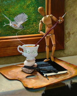 Painting of wooden artist mannequin fishing into a teacup on a palette with a bird flying from a canvas behind