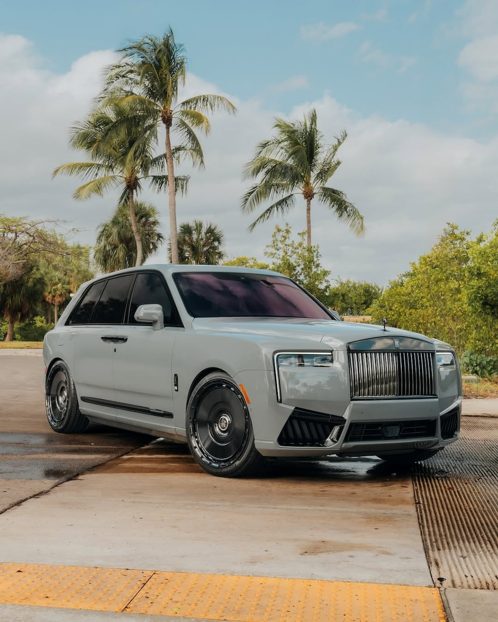 White Rolls-Royce Cullinan SUV parked outdoors with palm trees