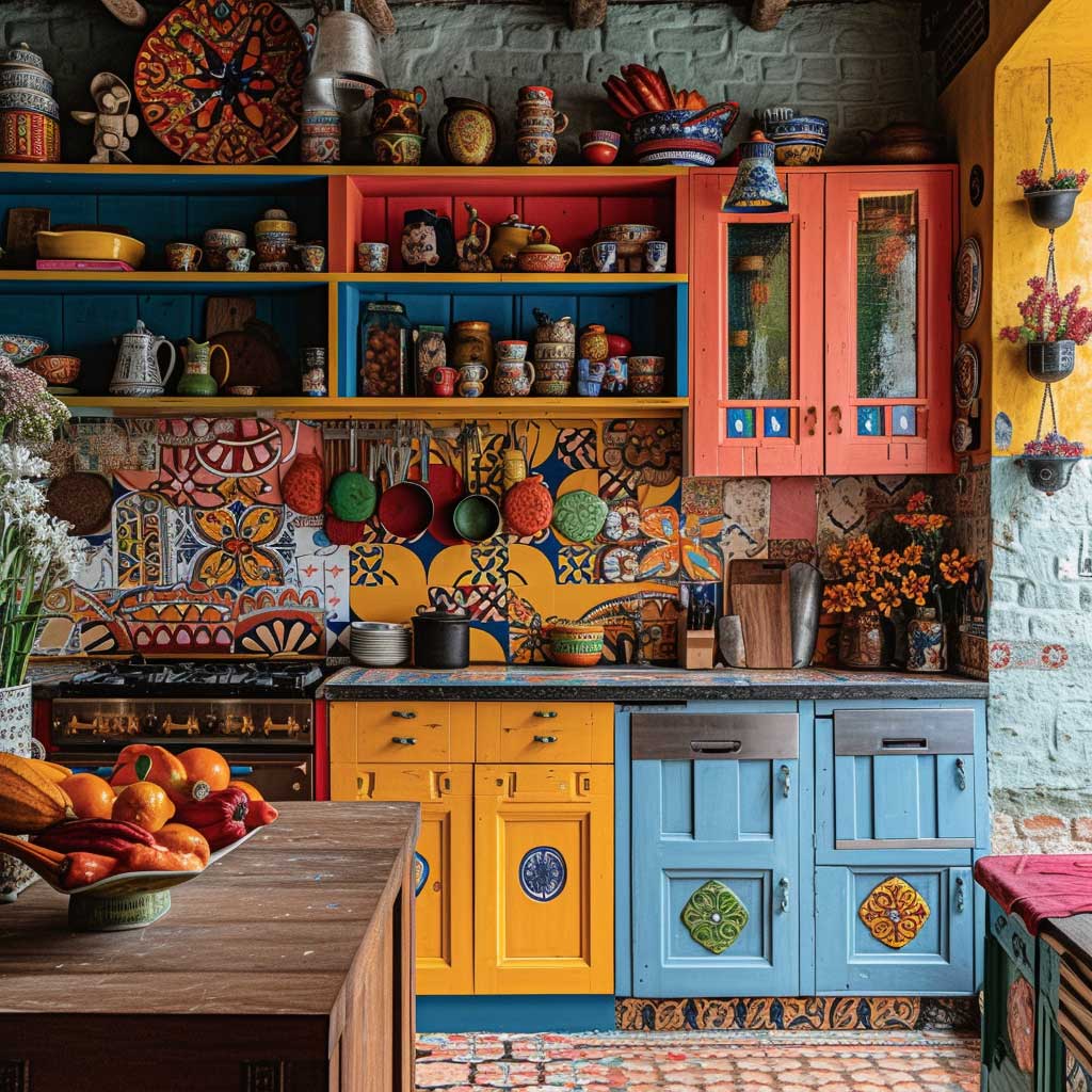 Colorful rustic kitchen with bright cabinets, patterned tiles, shelves, and pottery