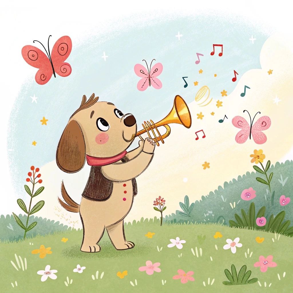 Cartoon puppy in red collar playing golden trumpet outdoors with butterflies and flowers