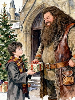 Illustrated scene of a boy with glasses receiving a Christmas gift from a tall bearded man near a castle doorway