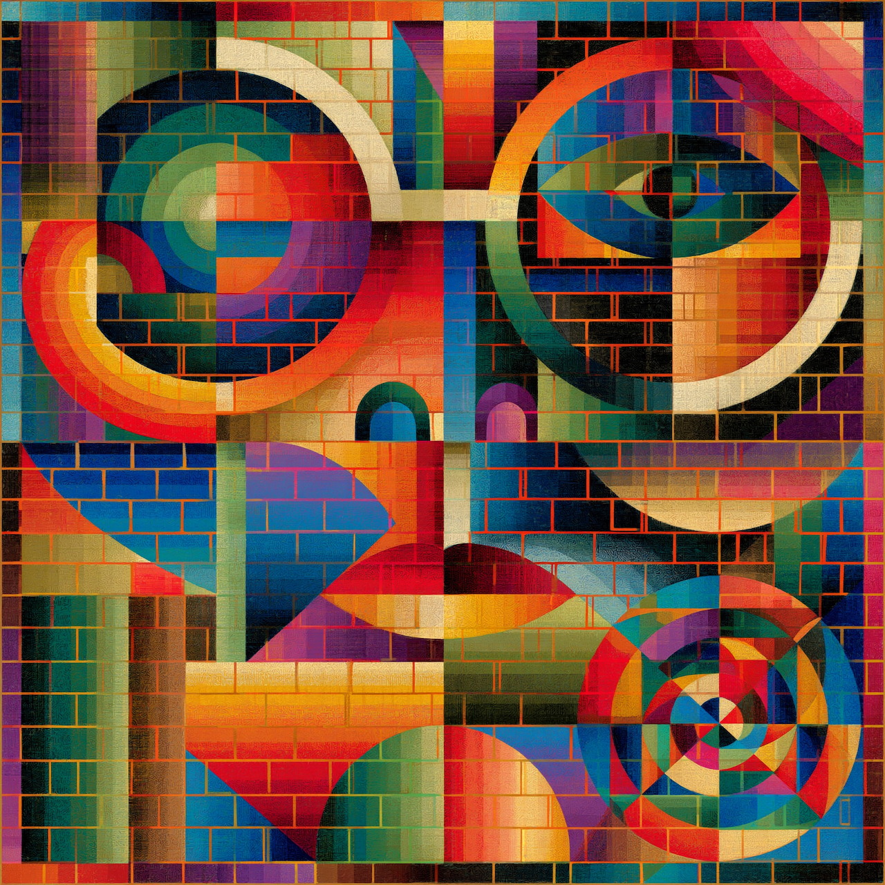 Colorful geometric abstract art with circles, arcs and mosaic tile patterns in red, blue, yellow, orange and purple