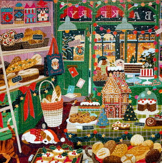 Colorful Christmas bakery with gingerbread houses, cookies, cakes and holiday decorations