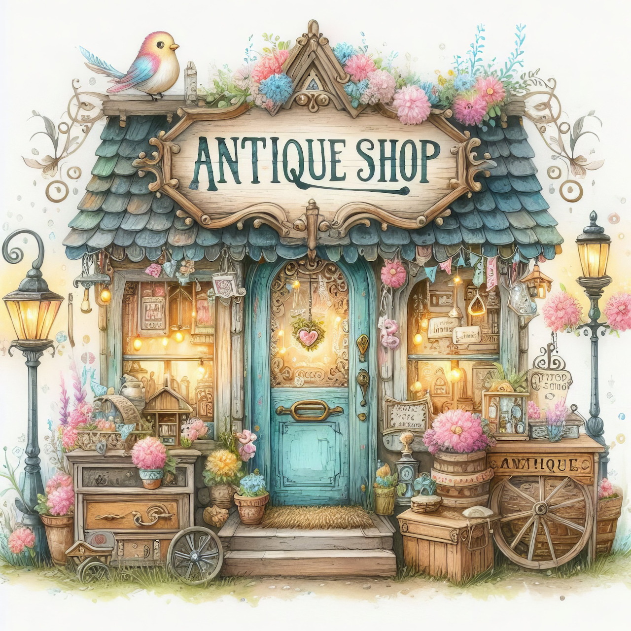 Illustrated antique shop storefront with a blue door, lanterns, flowers, and vintage decorations