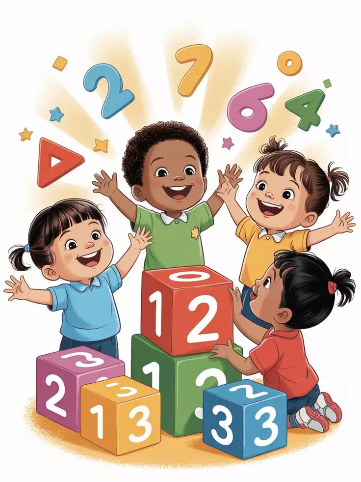 Four cartoon children happily playing with colorful number blocks with digits 1, 2, 3 on them