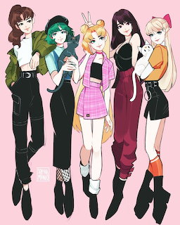 Five anime-style young women in varied casual outfits posing together on pink background