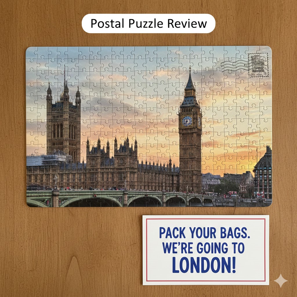Completed London jigsaw puzzle with Big Ben on a wooden background and text cards