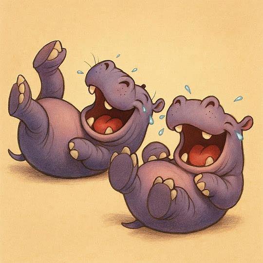 Two purple cartoon hippos rolling on their backs laughing with open mouths on yellow background