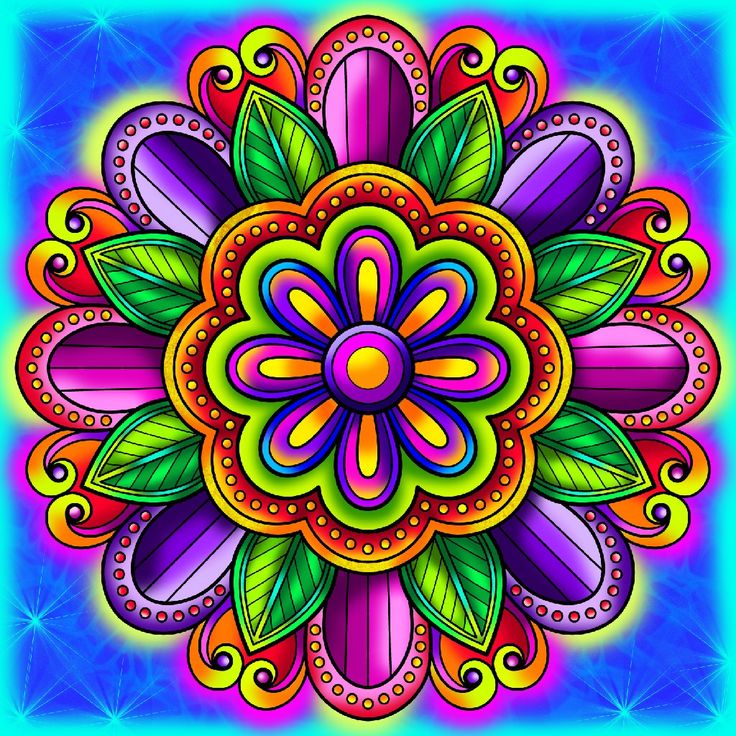 Colorful symmetrical mandala with purple petals, green leaves, and rainbow gradients on blue background