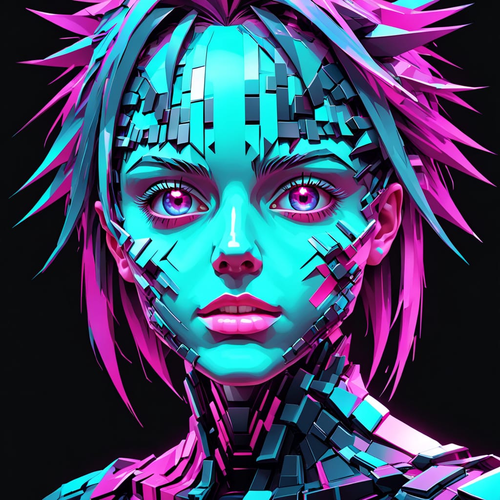 Neon cyberpunk girl portrait with turquoise skin, pink hair, and futuristic facial fragments