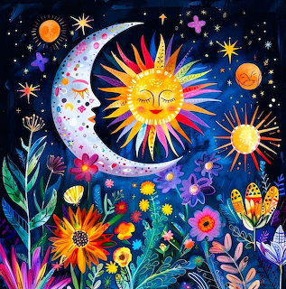 Colorful sun and moon with flowers and stars in a night sky illustration