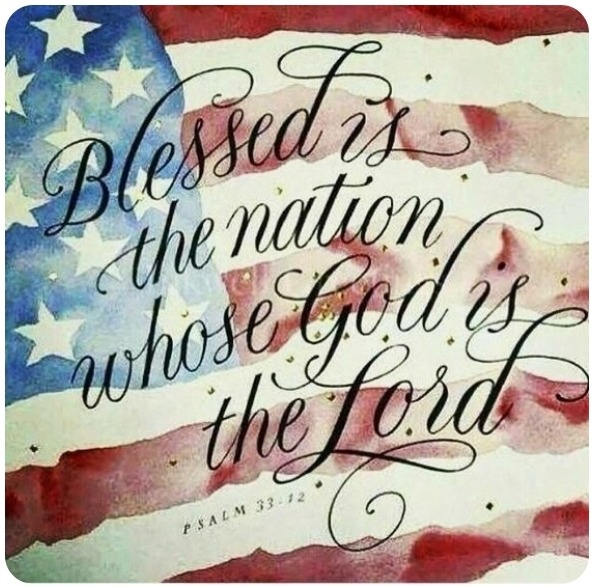 Watercolor American flag with calligraphy quote about the nation whose God is the Lord