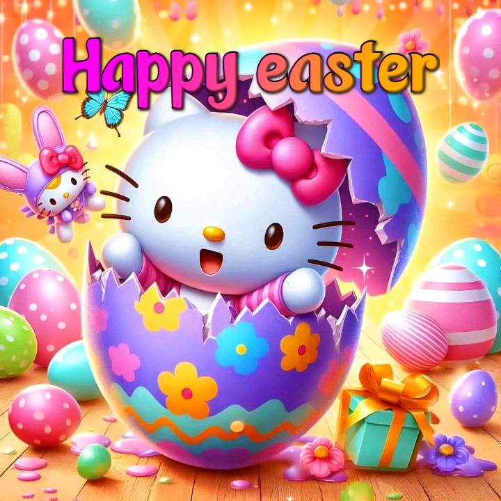 Hello Kitty hatching from a colorful Easter egg with pastel eggs, flowers, and a gift