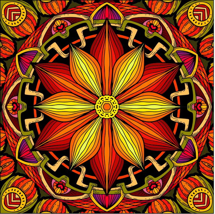 Colorful symmetrical mandala with red and yellow geometric flower pattern and ornate golden borders