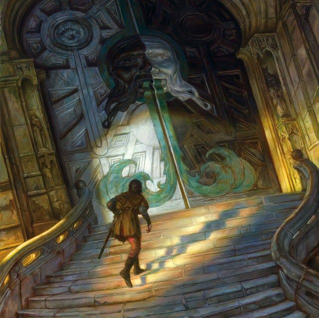 Person climbing elaborate staircase in fantasy interior with ornate ceiling and mystical green glow
