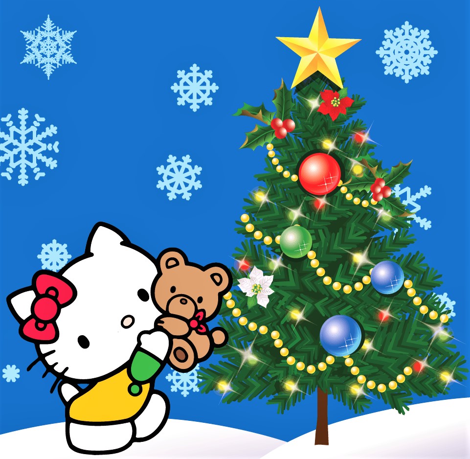 Hello Kitty with teddy bear next to decorated Christmas tree and snowflakes