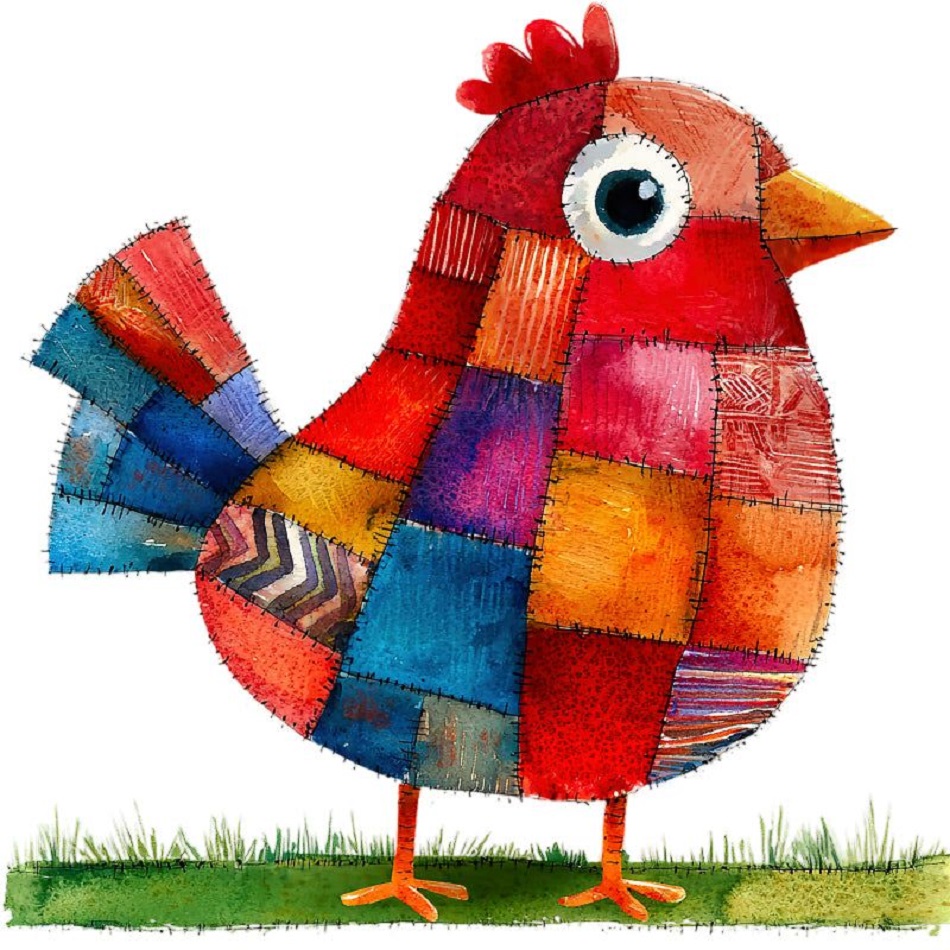 Whimsical patchwork chicken made of colorful fabric squares standing on green grass