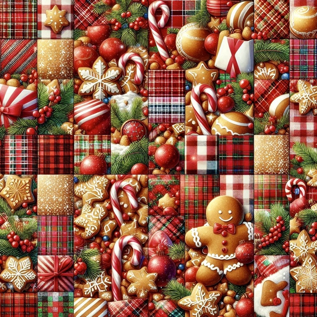 Christmas fabric with gingerbread men, candy canes, ornaments, and red plaid pattern
