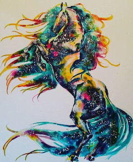 Colorful watercolor painting of a rearing horse with rainbow splashes and flowing mane