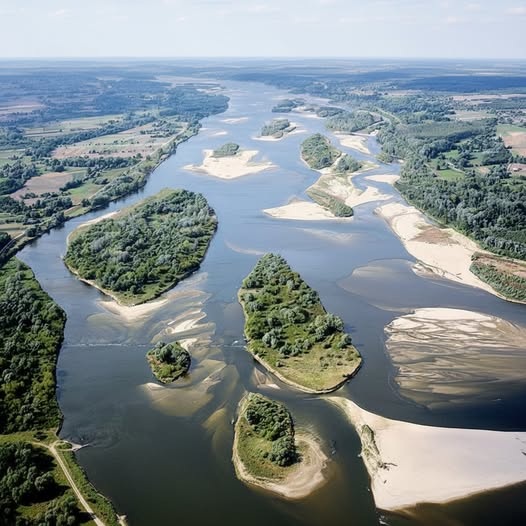 Aerial photograph of a wide river with green forested islands and sandy banks flowing through flat countryside