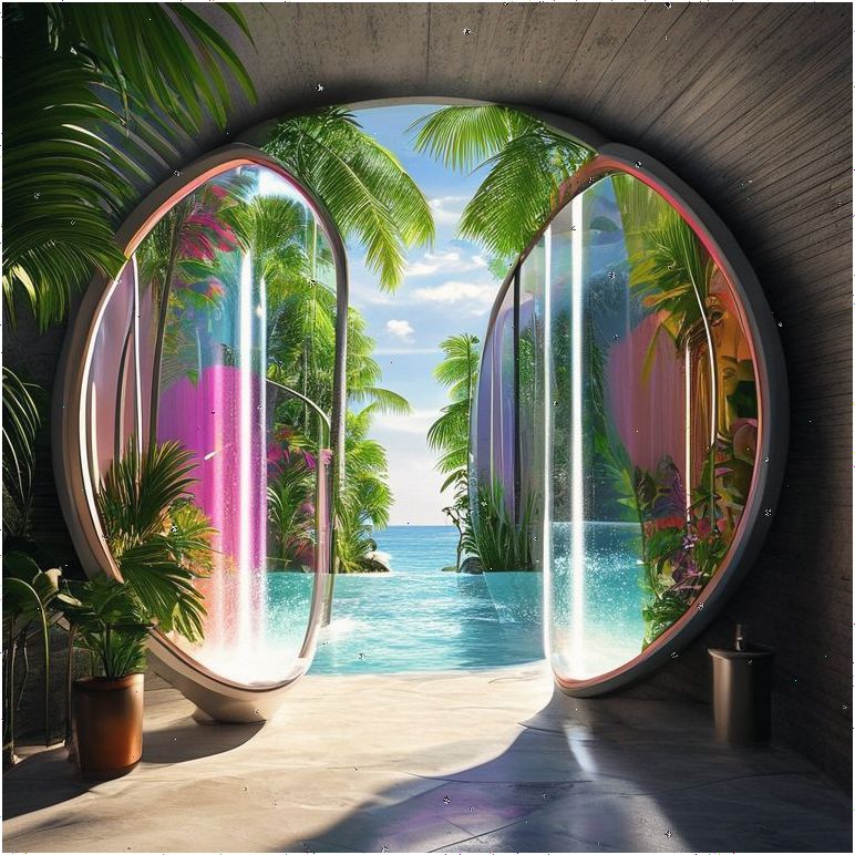 Round doorway opening to a tropical beach with palm trees and turquoise water