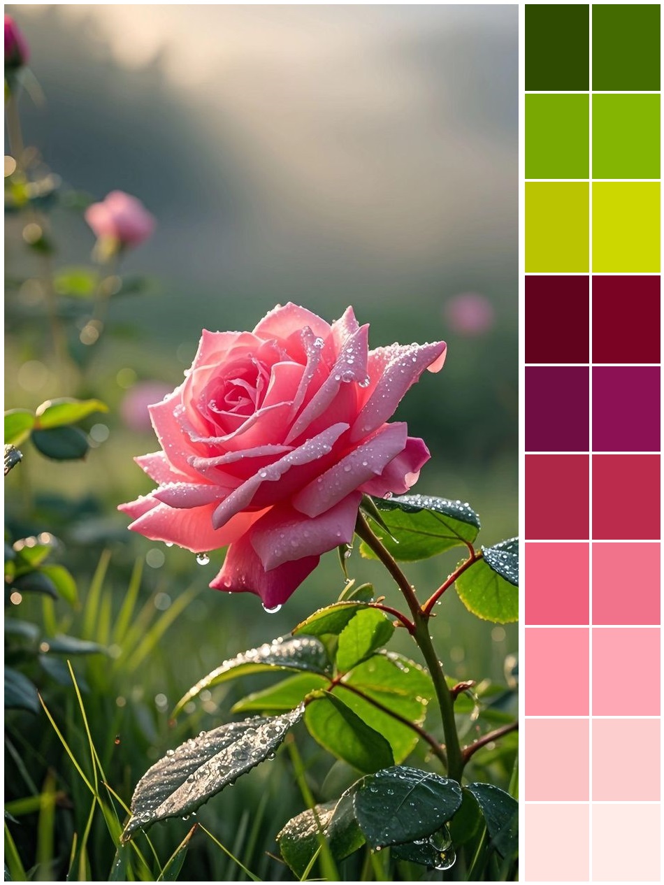 Close-up of a pink rose with water droplets beside a color palette swatch of greens and pinks