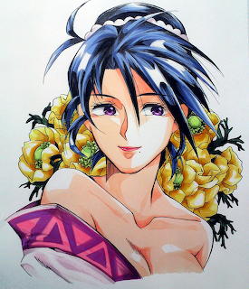 Anime illustration of a woman with blue hair and yellow flower accessories wearing a purple patterned top