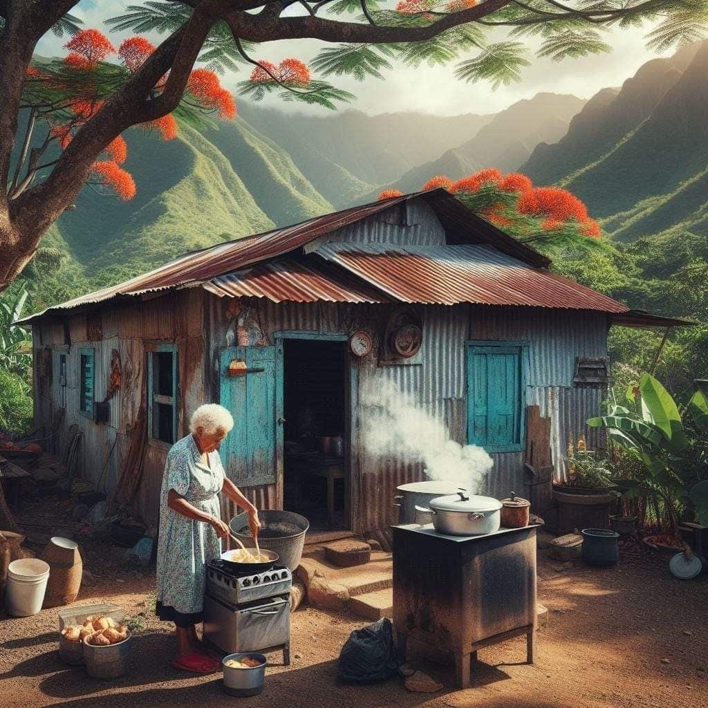 Woman in white dress cooking at outdoor stove near corrugated metal house in tropical mountain setting