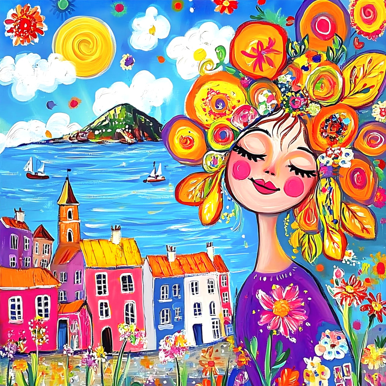 Whimsical Woman Coastal Village