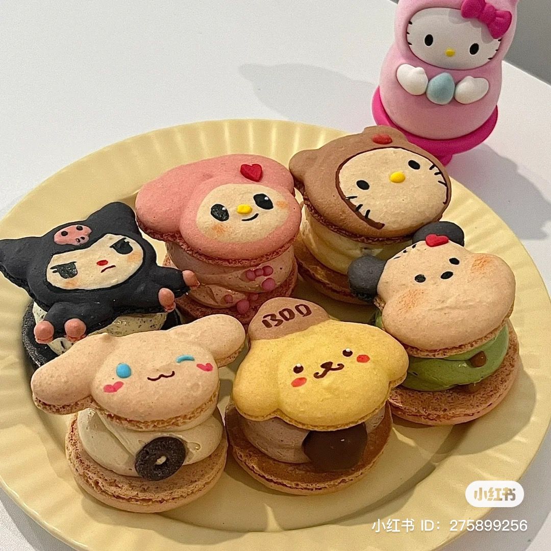 Assorted character-themed macarons with cute faces on yellow plate