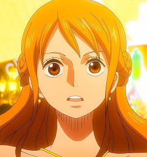 Anime girl with long orange hair and brown eyes looking forward