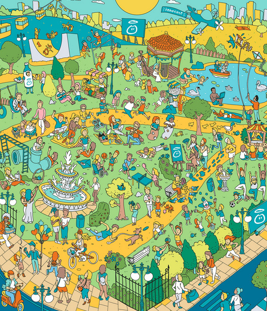 Vibrant illustrated overhead view of a busy park with crowds, food stalls, playground, and waterways
