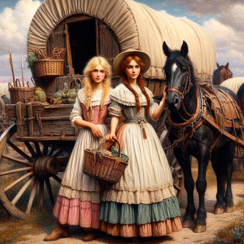 Two women in pioneer dresses standing by a covered wagon with horses in a Western frontier setting