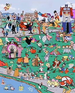Colorful collage of many classic cartoon characters on a green background