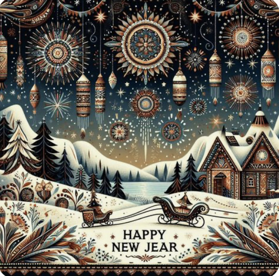Decorative winter village scene with ornaments, snow-covered cottages, sleigh, and Happy New Year text