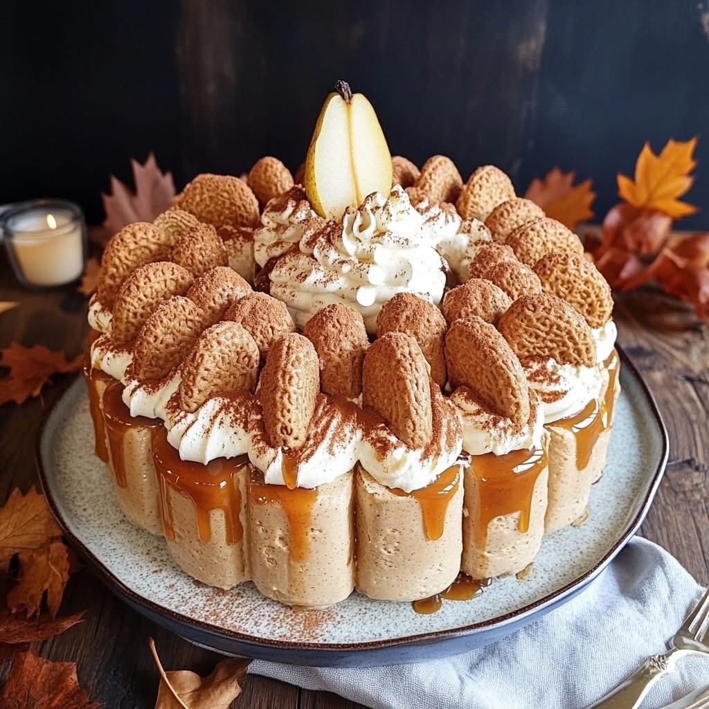 Round tiramisu charlotte cake with ladyfingers, whipped cream, cocoa powder, topped with pear slices and autumn leaves