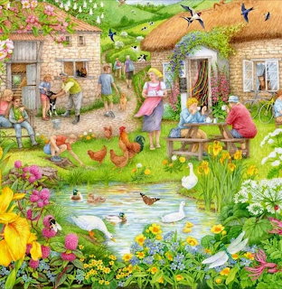 Colorful illustration of cottages around a garden pond with flowers, birds, and villagers enjoying a sunny day