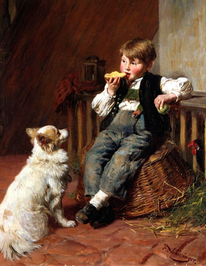 Vintage painting of a boy eating bread while a white dog sits beside him indoors