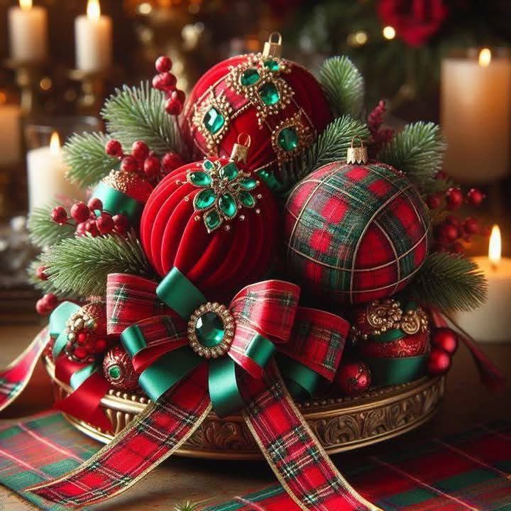 Red and plaid Christmas ornaments with pine branches, ribbons and candles