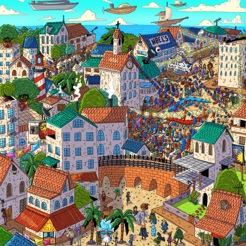 Detailed illustration of a fantasy coastal town with flying ships, colorful buildings, and crowds in a bustling marketplace